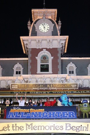 Mike  Sulley, stars of DisneyPixar Monsters University, join dear Disney characters and a Rudisill family, from Virginia, May 24, 2013 to open Magic Kingdom for a Disney Parks All-Nighter during Walt Disney World Resort.